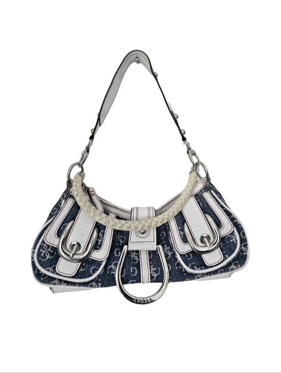Guess Handbags - Guess Navy and White Monogram Shoulder Bag with Braided Top Handle